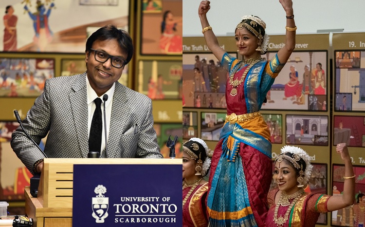 (Left) Composer D. Imman created a theme song for the Tamil chair initiative. (Right) A new dance choreographed to the song closed the event. Photos by Joseph Burrell.