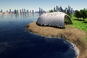 An artist's drawing shows an oval, open-ended shelter with a rounded roof and latticed sides sitting in a lakeshore park.
