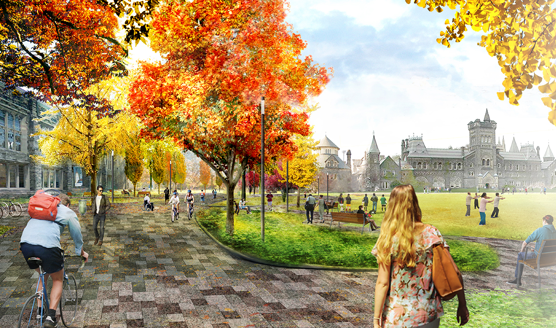 Architectural rendering of the Landmark Project, with view of the field in front of University College.